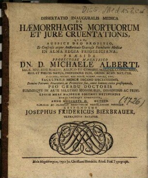 Dissertatio Inauguralis Medica De Haemorrhagiis Mortuorum Et Jure Cruentationis