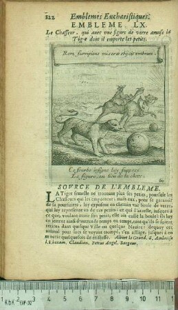 Embleme LX. Le Chasseur, qui auec une figure de verre amuse la Tigre dont il emporte les petits.