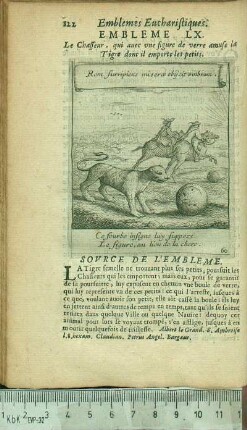 Embleme LX. Le Chasseur, qui auec une figure de verre amuse la Tigre dont il emporte les petits.