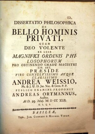 Diss. philos. de bello hominis privati