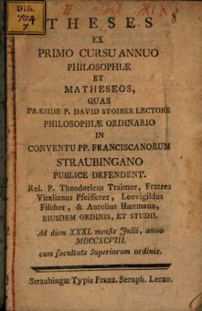 Theses ex primo cursu annuo philosophiae et matheseos