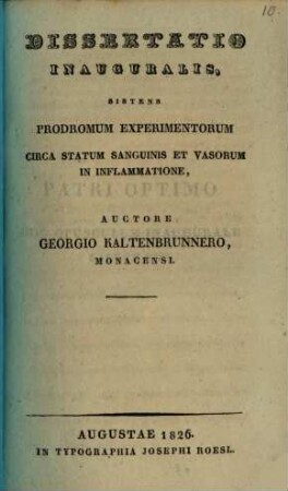 Diss. inaug. sistens prodromum experimentorum circa statum sanguinis et vasorum in inflammatione