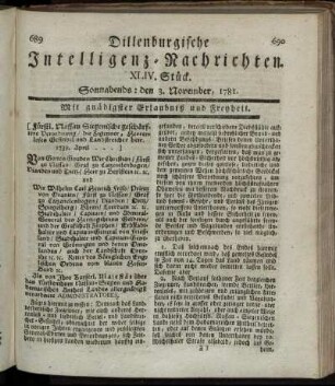 XLIV. Stück. Sonnabends: den 3. November 1781.