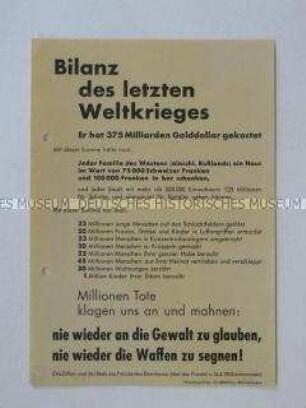 Propagandaflugblatt mit einer Bilanz über die Ausgaben des Zweiten Weltkrieges