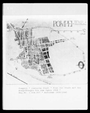 Pompeji, Plan der römischen Stadt mit den Ausgrabungen bis 1908