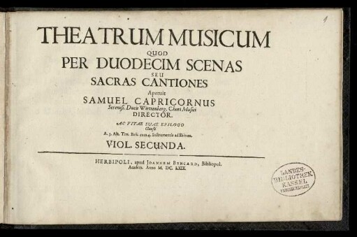 Theatrum musicum ... sacras cantiones ... Viol.[a da Gamba] Secunda
