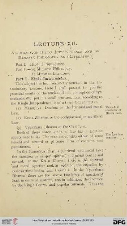 Lecture XII. A summary of Hindu jurisprudence and of Mimansa philosophy and literature