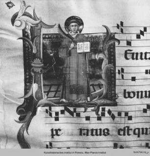 Antiphonar zu Dante Alighieri : Textseite mit historisierter Initiale L: Der hl. Laurentius als Märtyrer