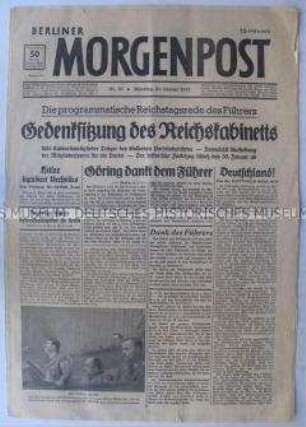 Tageszeitung "Berliner Morgenpost" zur Rede Hitlers auf der Reichstagssitzung anlässlich des Jahrestages der Regierungsübernahme
