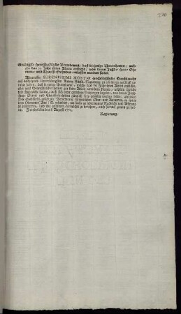 Gnädigste Herrschaftliche Verordnung, daß diejenige Unterthanen, welche das 70 Jahr ihres Alters erreicht, von denen Jagd- Heu- Ohmets- und Chausseefrohnden entlassen werden sollen : Zweybrücken den 8 August 1771.