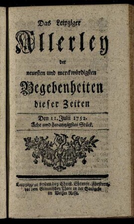 Den 11. Julii 1752. Acht und Zwantzigstes Stück.