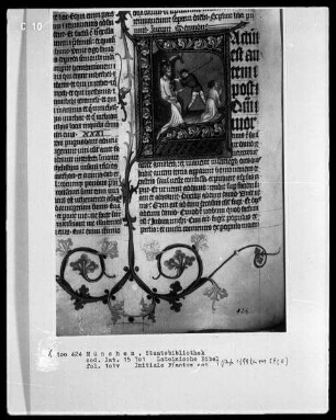 Lateinische Bibel — Initiale F (actum est autem), darin der Bote der Nachricht vom Tode Sauls wird hingerichtet, Folio 101verso