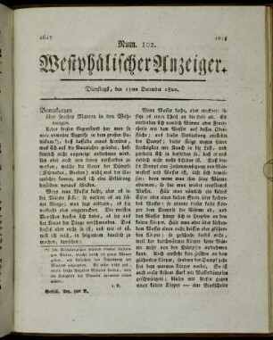 Num. 102. Westphälischer Anzeiger. Dienstags, den 23ten December 1800. - Num. 104. Westphälischer Anzeiger. Dienstags, den 30ten December 1800.