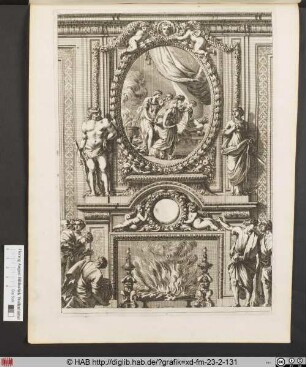 Cheminée ornée d'un tableau représentant les filles de Pélias s'apprêtant à tuer leur père.