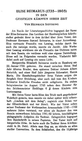 Elise Reimarus, 1735 - 1805, in den geistigen Kämpfen ihrer Zeit.
