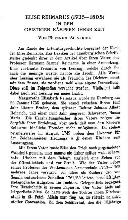Elise Reimarus, 1735 - 1805, in den geistigen Kämpfen ihrer Zeit.