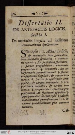 Sectio I: De artefactis logicis ad iudicium enunciativum spectantibus