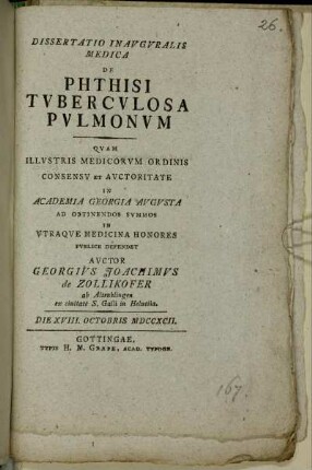 Dissertatio Inauguralis Medica De Phthisi Tuberculosa Pulmonum : Die XVIII. Octobris MDCCXCII.