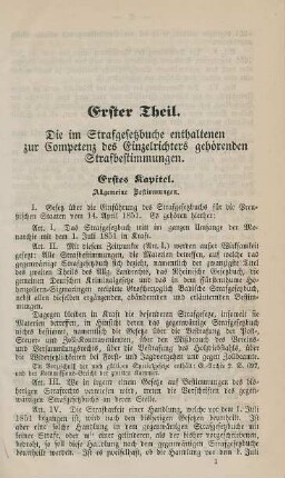 Erster Theil. Die im Strafgesetzbuche enthaltenen zur Competenz des Einzelrichters gehörenden Strafbestimmungen.