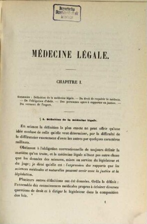 Traité de médecine légale et de jurisprudence de la médecine, 1. volume