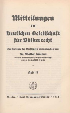 Heft 11.1932: Mitteilungen der Deutschen Gesellschaft für Völkerrecht