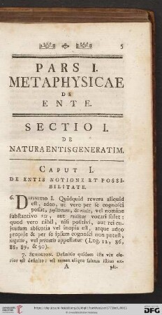 Sectio I: De natura entis generatim