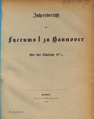 Jahresbericht des Lyceums 1 zu Hannover : über d. Schuljahr .., 1875/76