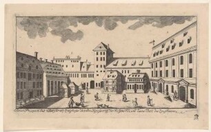 Der Zeughof mit dem Zeughaus (rechts), der Stückgießerei (Bildmitte) und der Rossmühle (links), Teil einer Reihe Dresdner Stadtansichten und sächsischer Ortsansichten von Schlitterlau um 1770