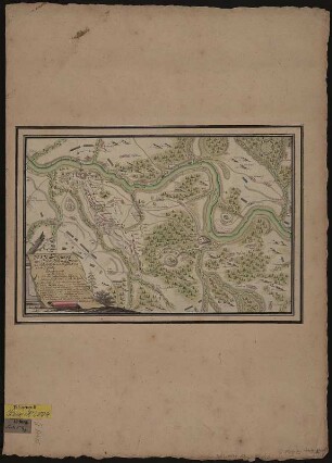 Plan der Gegend um Königstein und Pirna, ca. 1:50 000, kolor. Handzeichng, nach 1756 : Plan der Gegend um Königstein und Pirna wo die Sächsische und Preussische Armee 1756 gestanden. - [Ca. 1:50 000]. - [S.l.] , [nach 1756]. - 1 Kt. : kolor. Handzeichng. , 33 x 22 cm