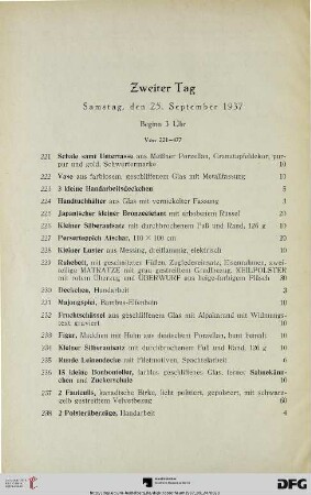 Zweiter Tag: Samstag, den 25. September 1937, Beginn 3 Uhr (Nr. 221-477)