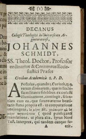 DecanusCollegii Theologici in Universitate Argentoratensi Johannes Schmidt ...