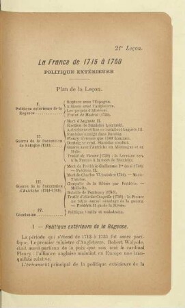 La France de 1715 à 1750 Politique extérieure