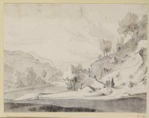 Gebirgslandschaft, auf der Straße einige Reiter und Fußgänger