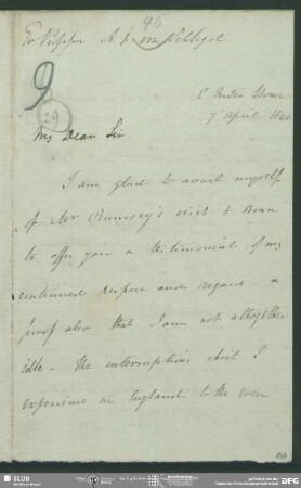 Eigenh. Brief von Horace H. Wilson an August Wilhelm von Schlegel, London, 07.04.1840