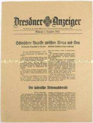 Nachrichtenblatt "Dresdner Anzeiger" mit Meldungen des Oberkommandos der Wehrmacht und des italienischen Oberkommandos u.a. zum Kriegsgeschehen an der Ostfront und in Nordafrika