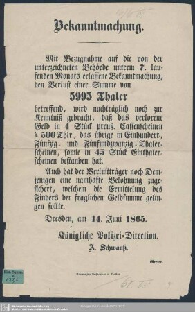 Bekanntmachung : [betr. den Verlust von 5995 ...]