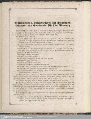 Maschinenbau, Eisengießerei und Baumwollspinnerei von Constantin Pfaff in Chemnitz