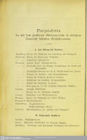 Verzeichnis der mit dem Freiberger Altertumsverein in Schriften-Austausch stehenden Geschichtsvereine