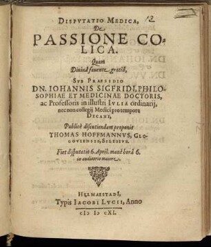 Disputatio Medica, De Passione Colica