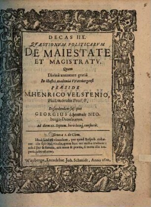 Decas IIX. Quaestionum Politicarum De Maiestate Et Magistratu