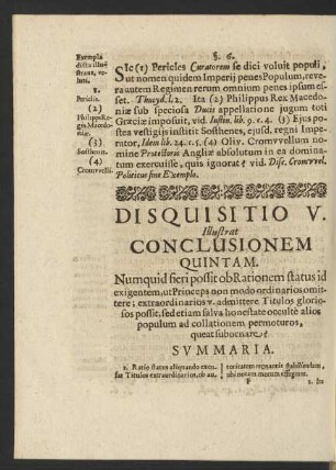 [...] Disquisitio V. Illustrat Conclusionem Quintam. [...] Summaria.