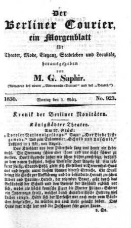 No. 923, Montag den 1. März 1830