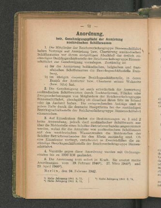 Anordnung, betr. Genehmigungspflicht der Anmietung ausländischen Schiffsraumes