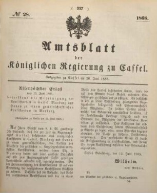 № 28. Ausgegeben zu Cassel am 26. Juni 1868.