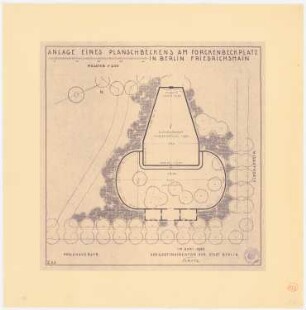 Planschbecken auf dem Forckenbeckplatz, Berlin-Friedrichshain: Grundriss der Planschbecken und Spielplatz auf dem Forckenbeckplatz 1:200, Maßstabsleiste, Stempel