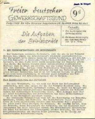 Hektografierte Exilzeitung deutscher Gewerkschafter in Großbritannien über die Aufgaben der Betriebsräte