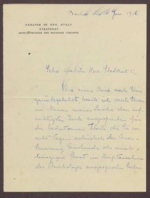 Schreiben von Edv. Hyelt, Bevollmächtigter der Regierung Finnlands, an Constantin Fehrenbach, Dank für die Forderung nach einer Anerkennung Finnlands im Reichstag