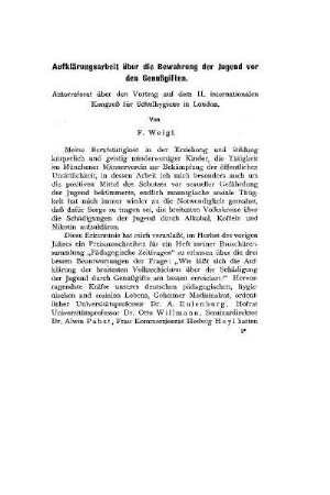 Aufklärungsarbeit über die Bewahrung der Jugend vor Genußgiften : Autoreferat über den Vortrag auf dem II. internationalen Kongreß für Schulhygiene in London