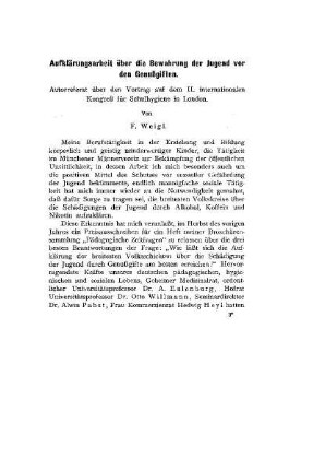 Aufklärungsarbeit über die Bewahrung der Jugend vor Genußgiften : Autoreferat über den Vortrag auf dem II. internationalen Kongreß für Schulhygiene in London