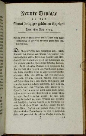 Neunte Beylage zu den Neuen Leipziger gelehrten Anzeigen. Zum 1sten May 1795.